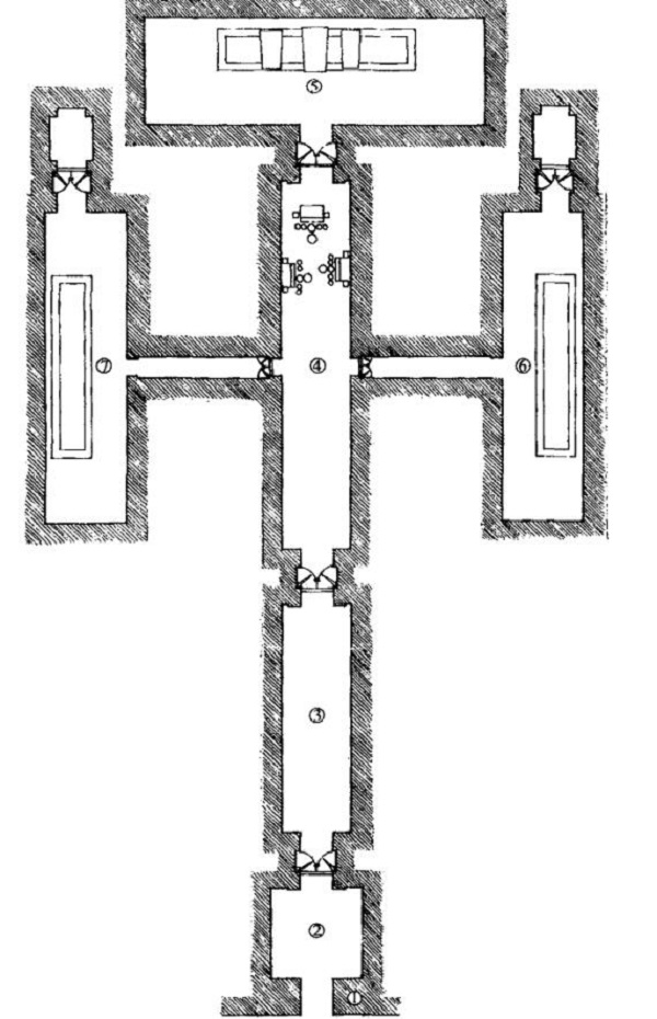图13明定陵玄宫平面图（采自《定陵》，文物出版社）①金刚墙②隧道券③前殿④中殿⑤后殿⑥左配殿⑦右配殿