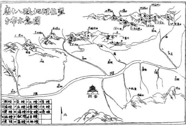 图8唐十八陵地理位置分布示意图（采自《关中唐十八陵》，《文物天地》1988年第5期）