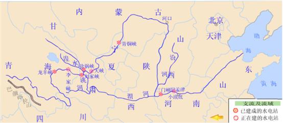 黄河水系图，流域面积约79.5万平方公里。